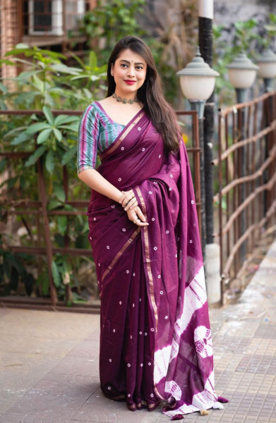 Image of Purple Pure Cotton Bandhej Shibori Printed Saree