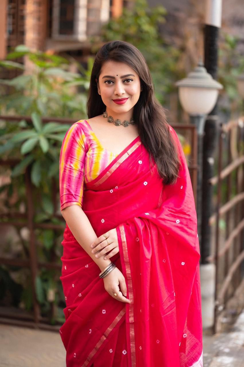 Red Pure Cotton Bandhej Shibori Printed Saree