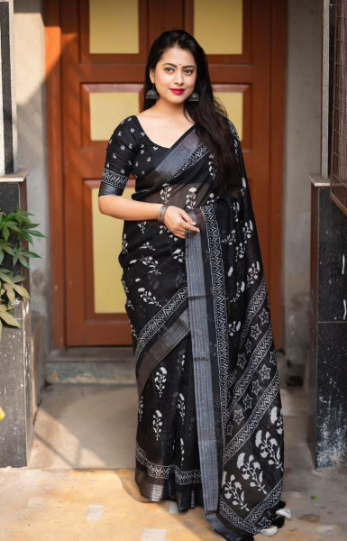 Image of Black Pure Linen Digital Printed Zari Border Saree