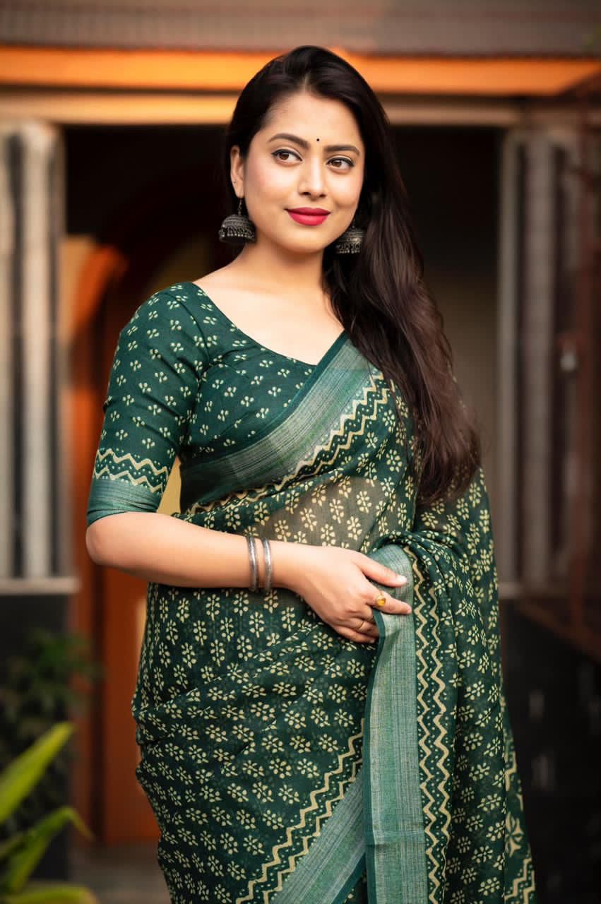 Green Pure Linen Digital Printed Zari Border Saree