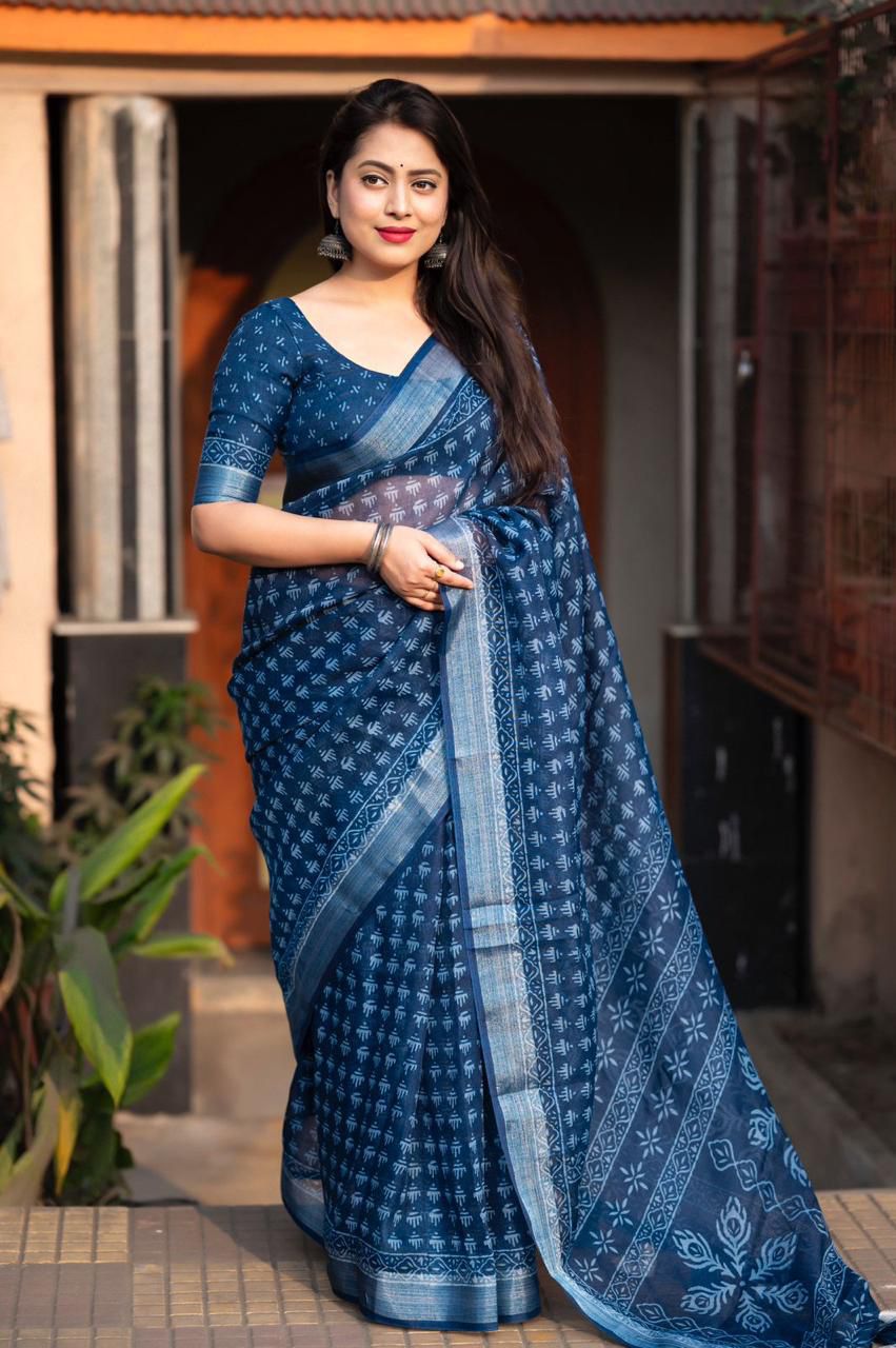Navy Blue Pure Linen Digital Printed Zari Border Saree