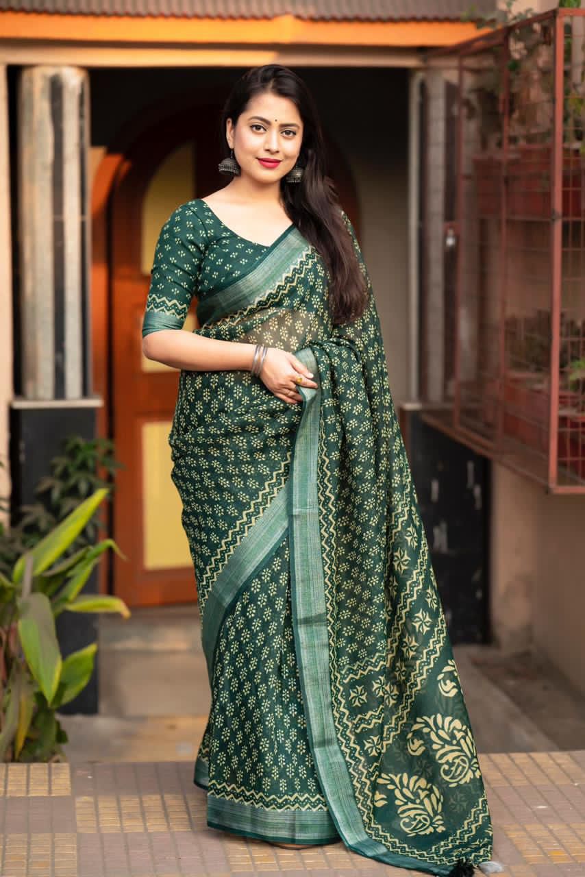 Green Pure Linen Digital Printed Zari Border Saree