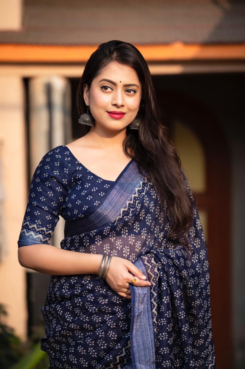 Indigo Blue Pure Linen Digital Printed Zari Border Saree