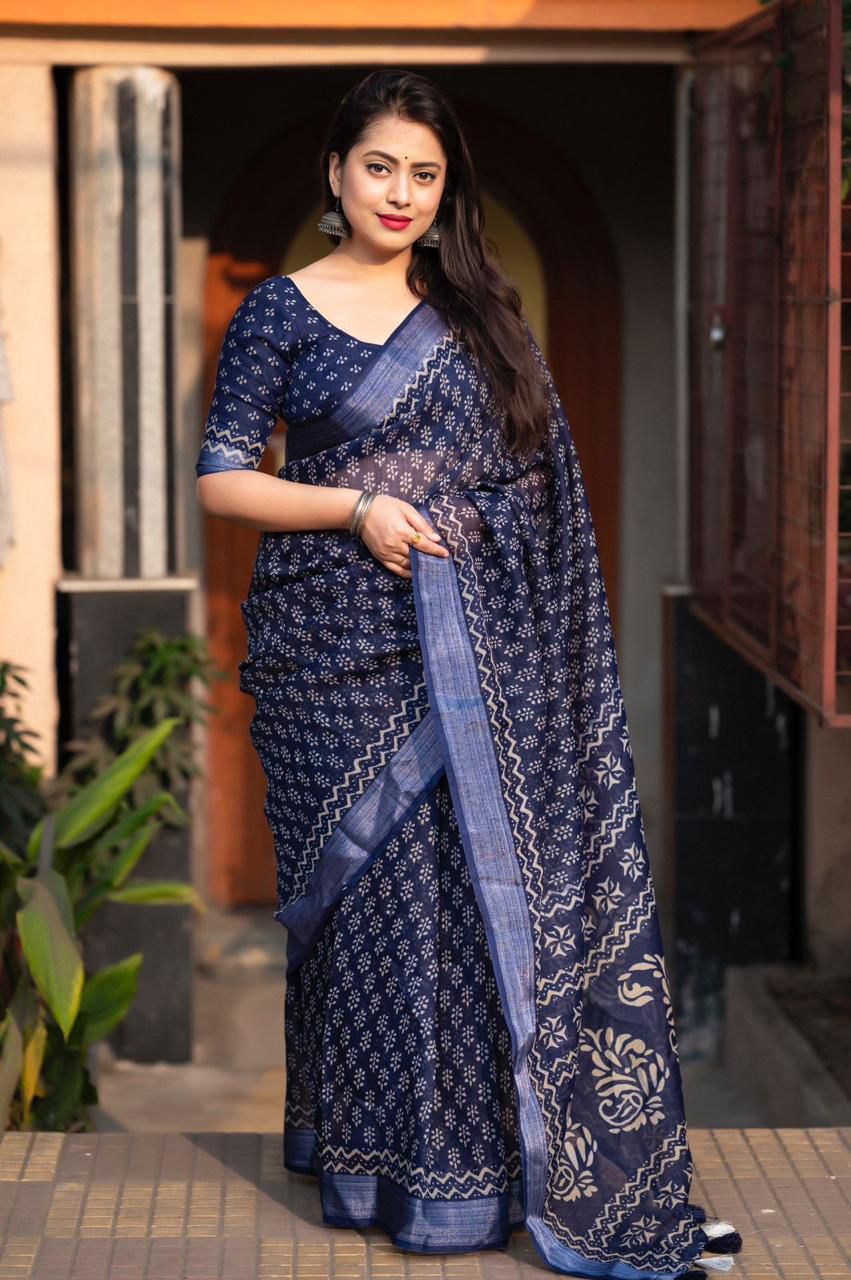 Indigo Blue Pure Linen Digital Printed Zari Border Saree