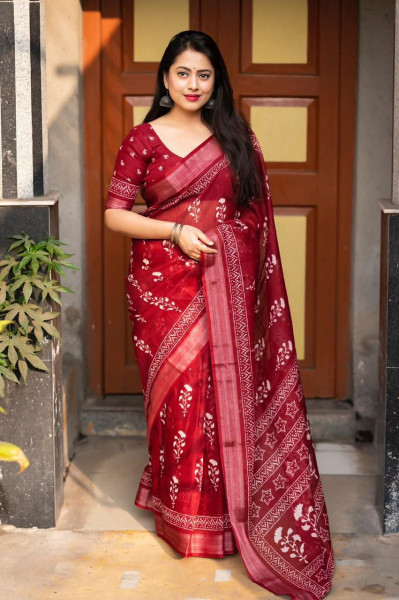 Image of Red Pure Linen Digital Printed Zari Border Saree
