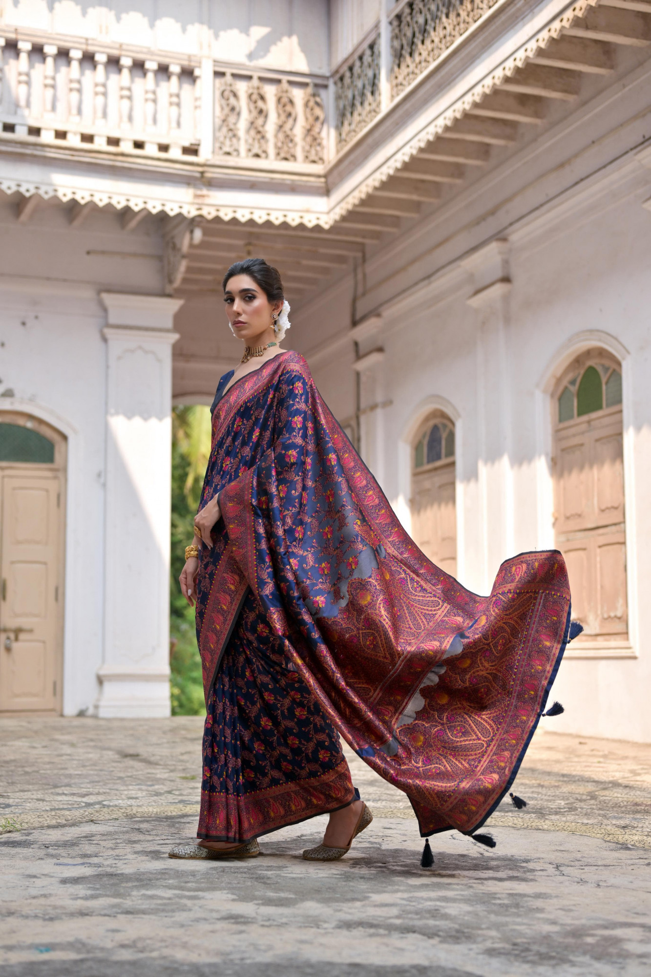 Navy Blue Pure Kashmiri Pashmina Silk Rich Meenakari Weaved Saree