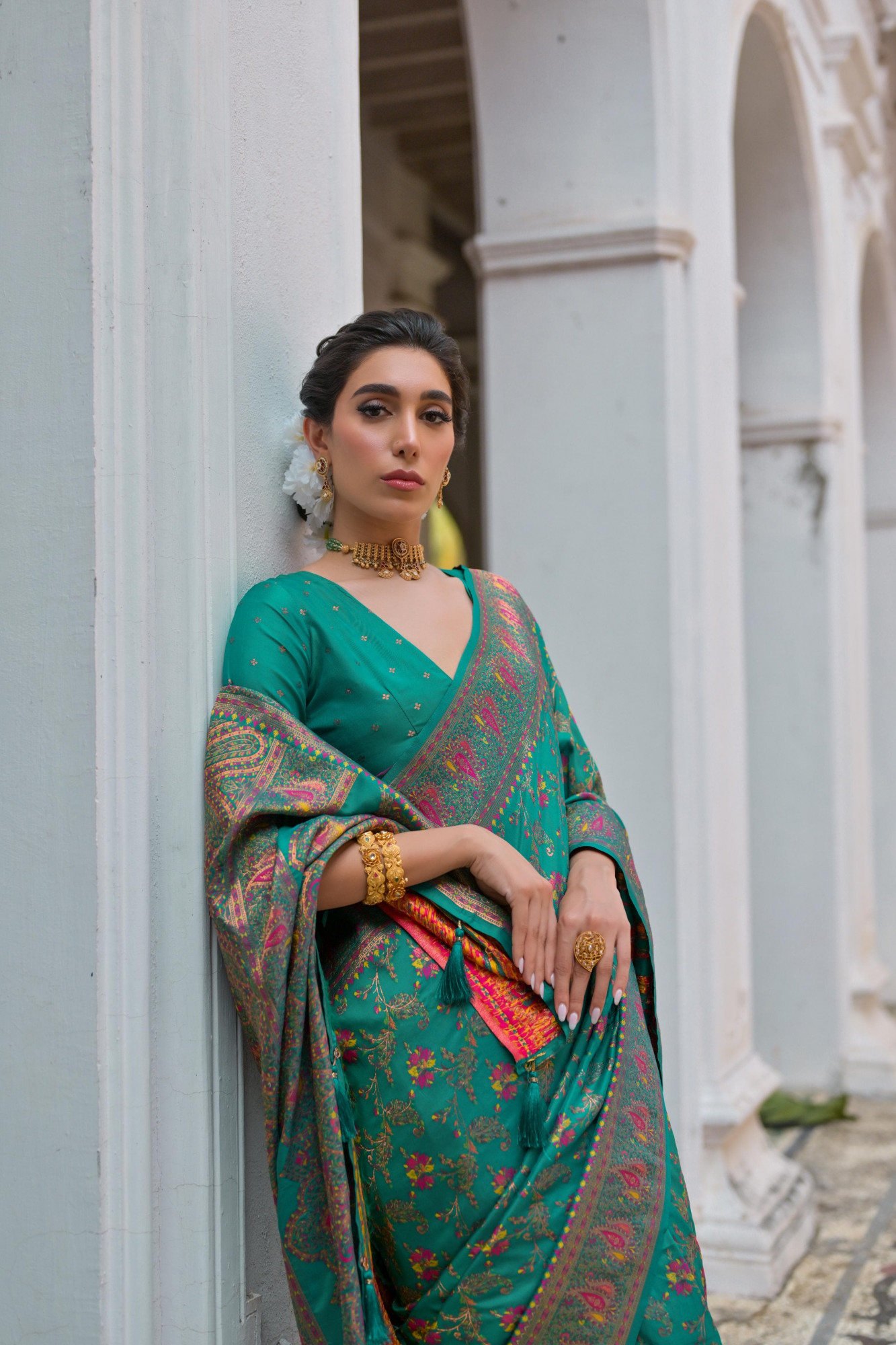 Jade Green Pure Kashmiri Pashmina Silk Rich Meenakari Weaved Saree