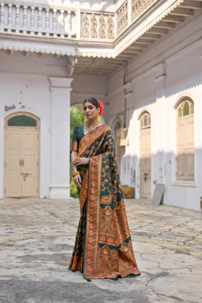 Image of Bottle Green Pure Kashmiri Pashmina Silk Rich Meenakari Weaved Saree