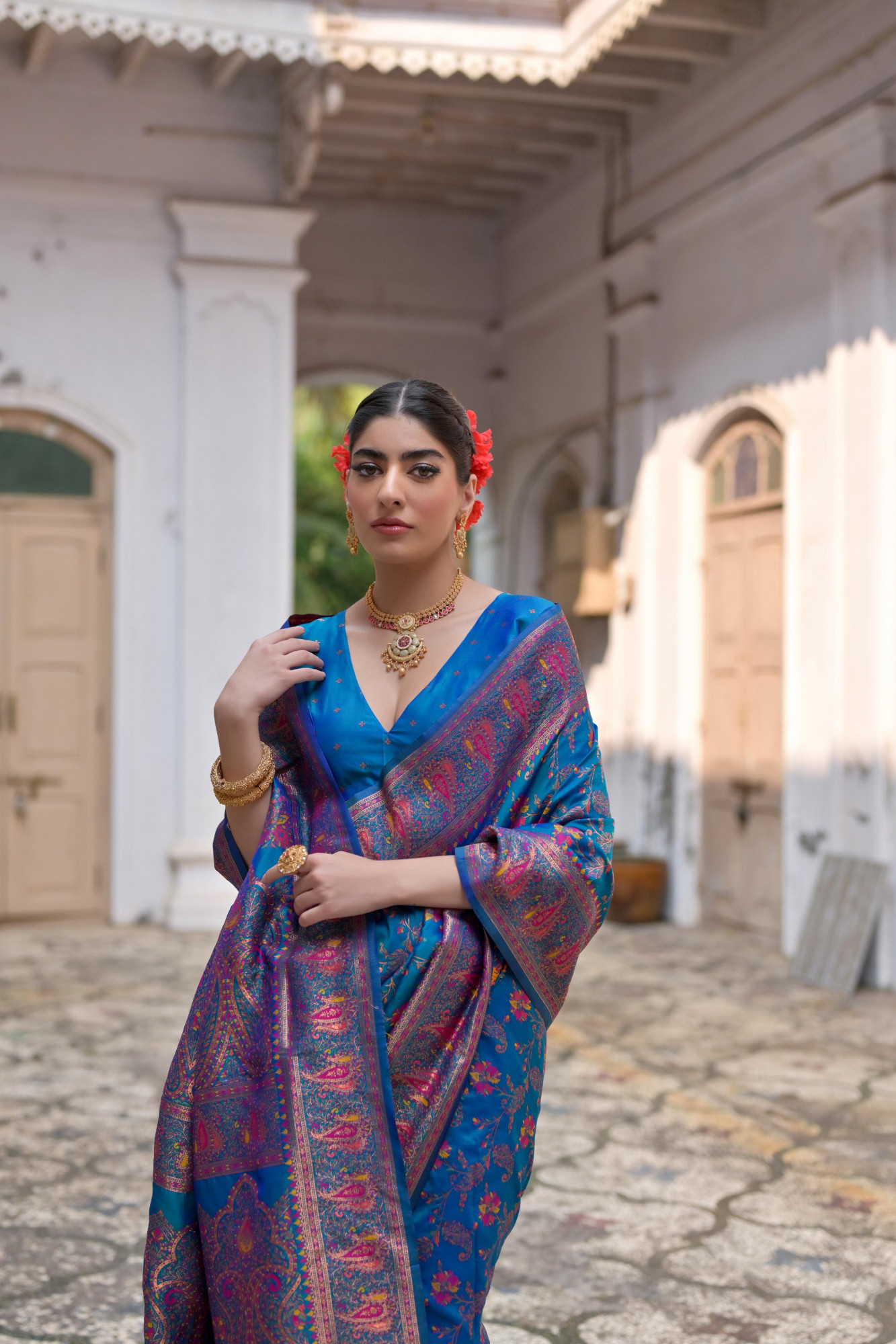 Blue Pure Kashmiri Pashmina Silk Rich Meenakari Weaved Saree