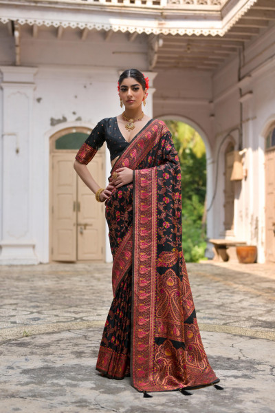Image of Black Pure Kashmiri Pashmina Silk Rich Meenakari Weaved Saree