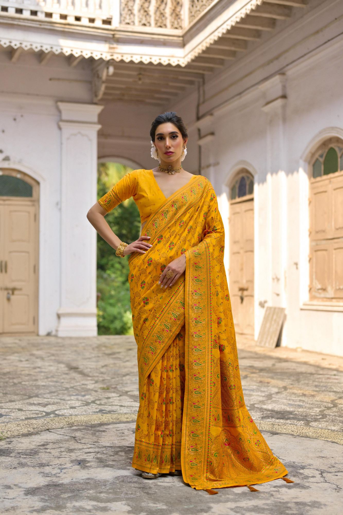 Mustard Pure Kashmiri Pashmina Silk Rich Meenakari Weaved Saree