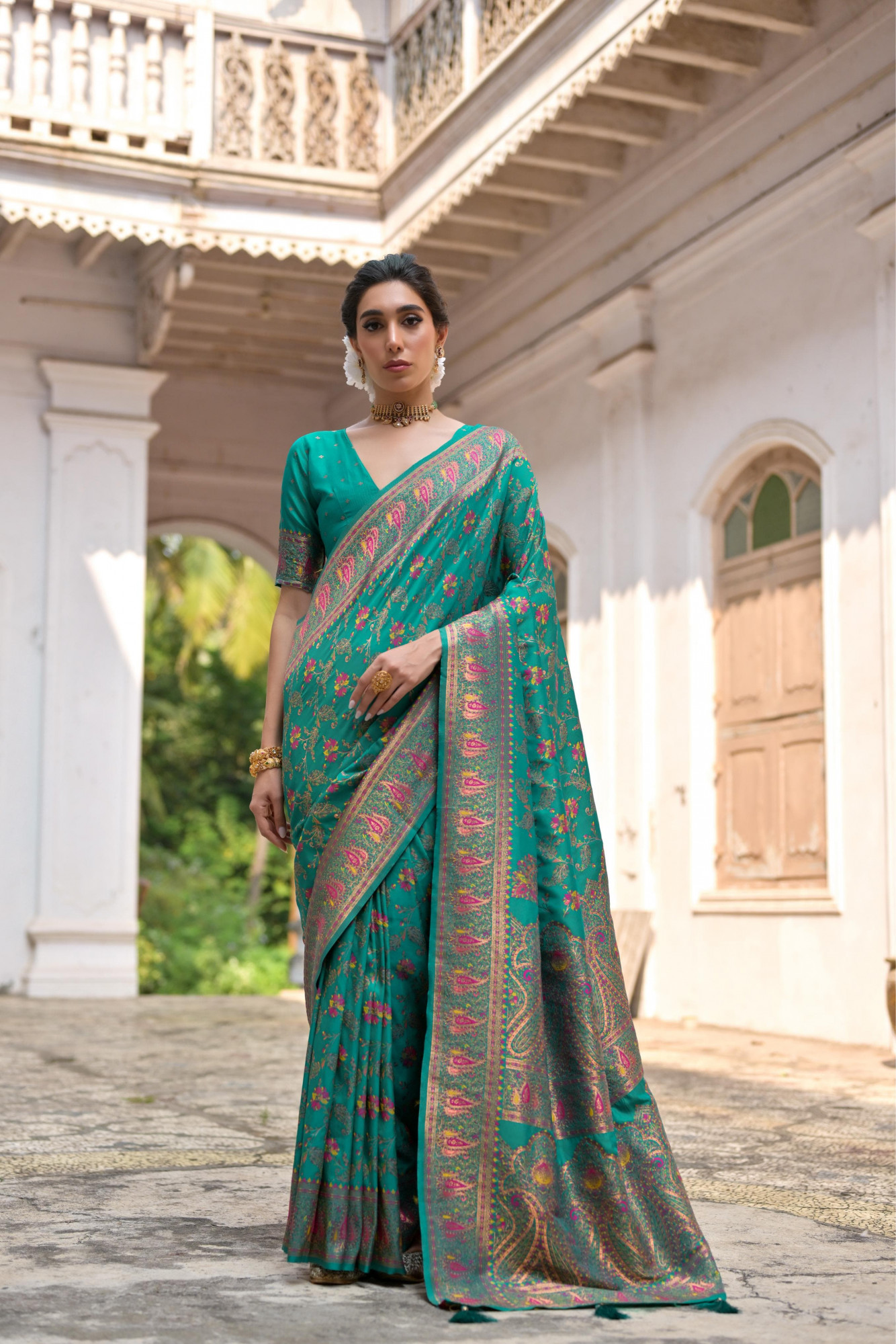 Jade Green Pure Kashmiri Pashmina Silk Rich Meenakari Weaved Saree