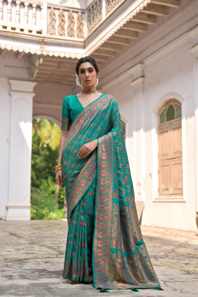 Image of Jade Green Pure Kashmiri Pashmina Silk Rich Meenakari Weaved Saree