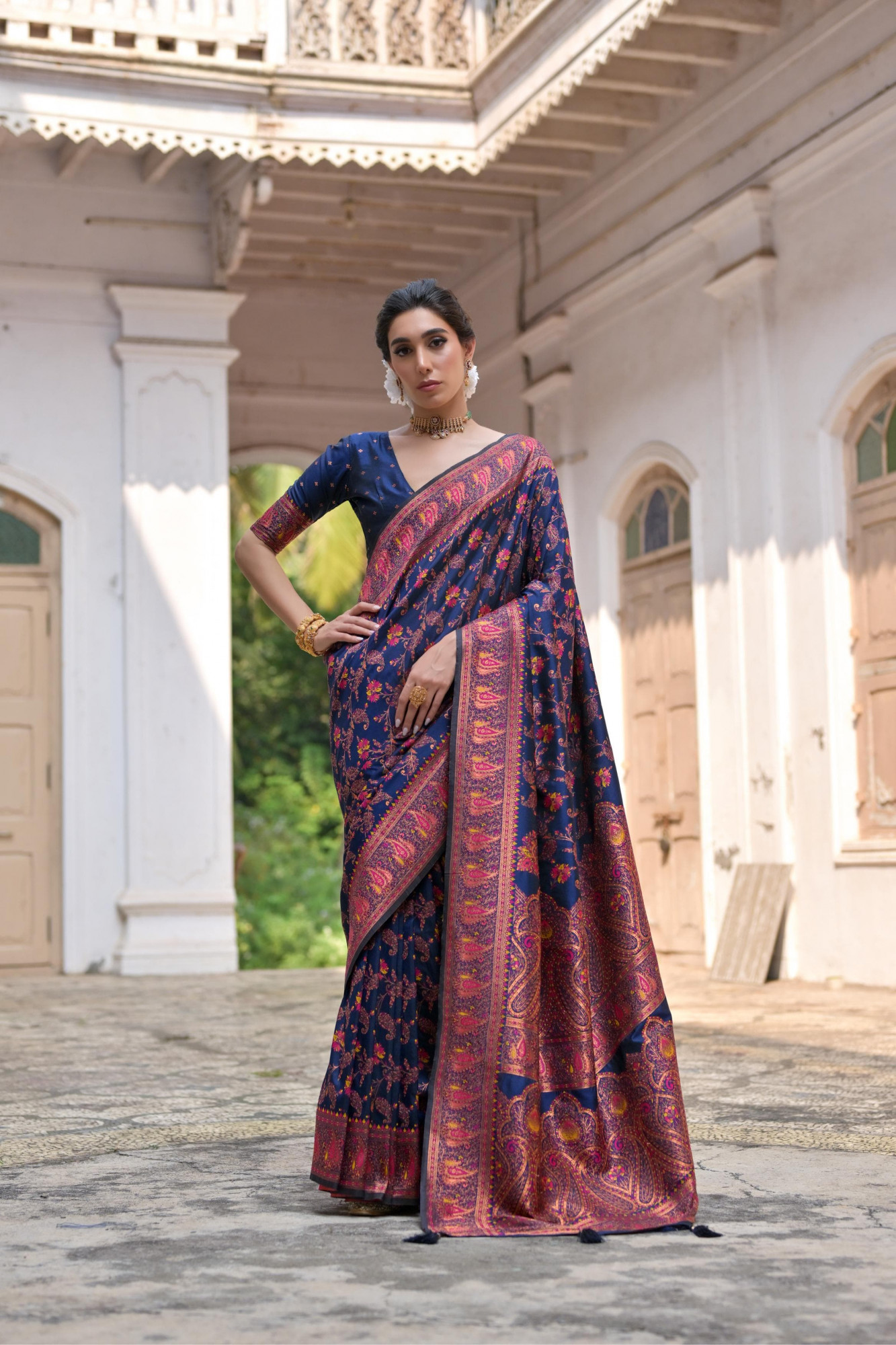 Navy Blue Pure Kashmiri Pashmina Silk Rich Meenakari Weaved Saree