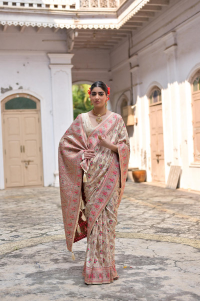 Image of Cream Pure Kashmiri Pashmina Silk Rich Meenakari Weaved Saree