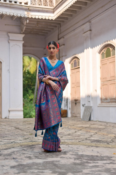 Image of Blue Pure Kashmiri Pashmina Silk Rich Meenakari Weaved Saree