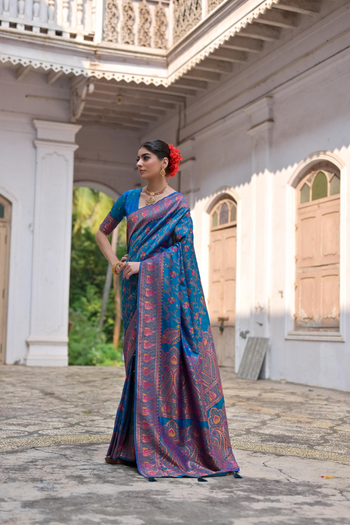 Blue Pure Kashmiri Pashmina Silk Rich Meenakari Weaved Saree