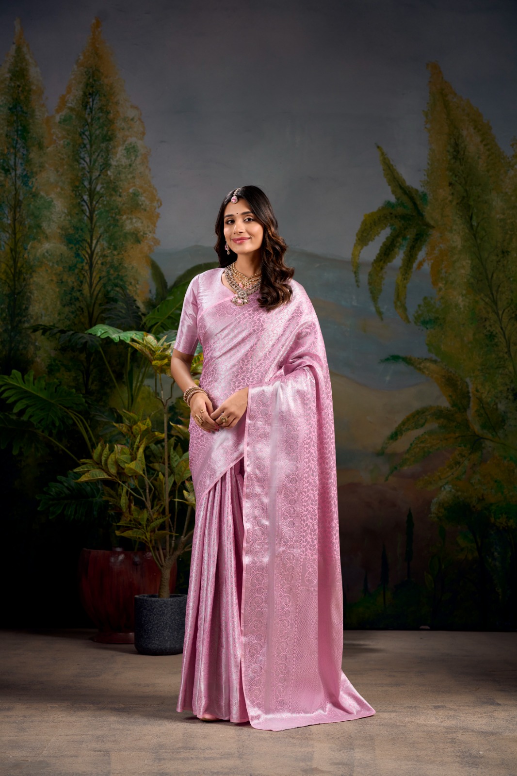 Pink Pure Banarasi Silk All Over Rich Floral Zari Weaved Saree