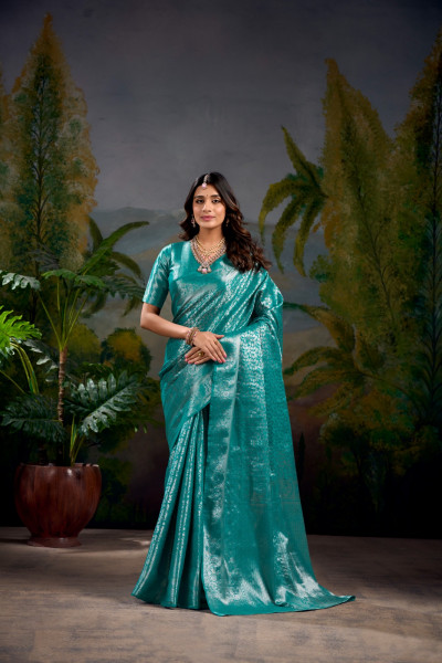 Image of C-Green Pure Banarasi Silk All Over Rich Floral Zari Weaved Saree