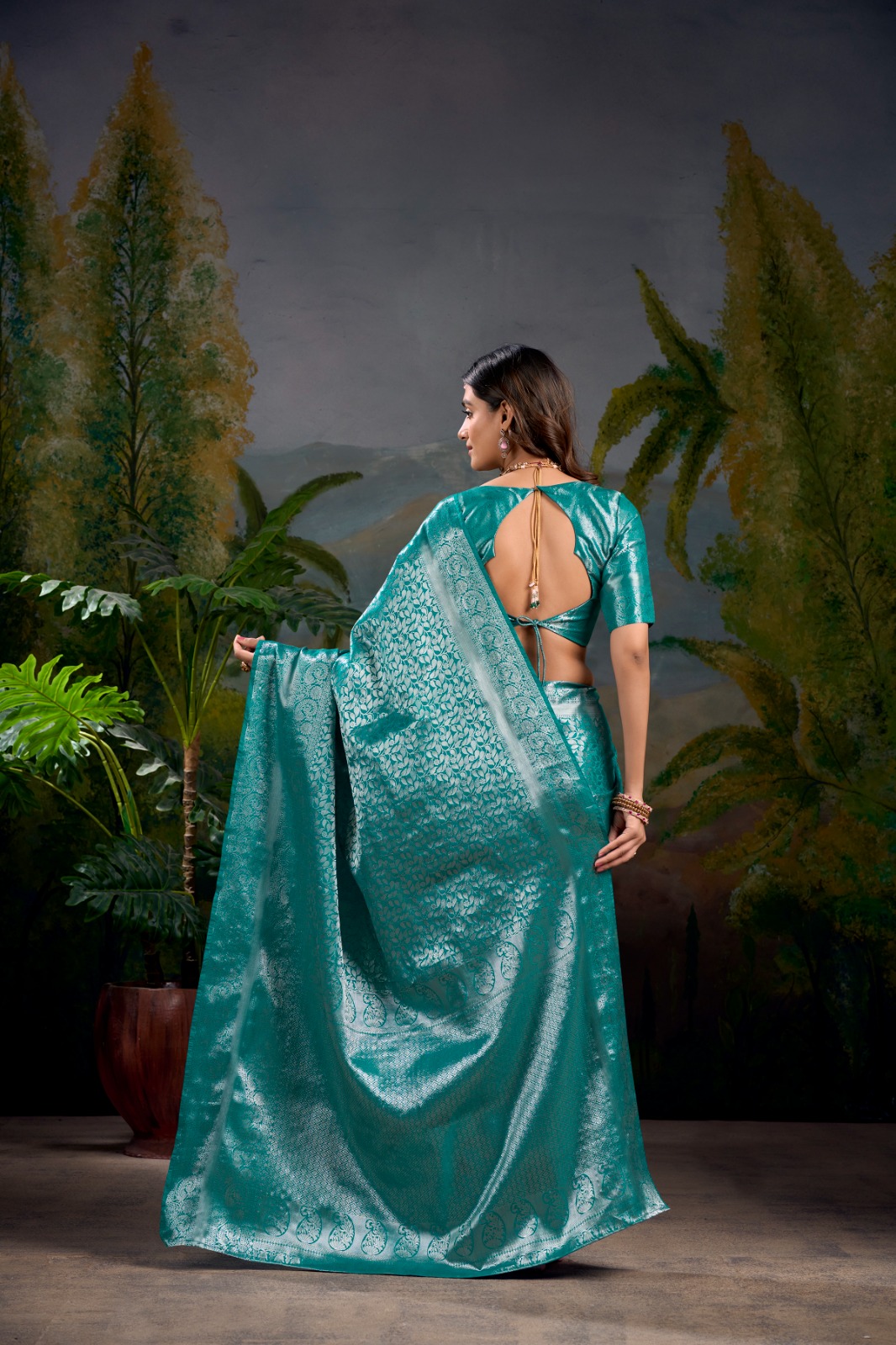 C-Green Pure Banarasi Silk All Over Rich Floral Zari Weaved Saree