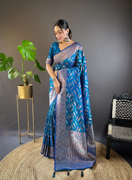 Image of Teal Banarasi Silk Zari Weaved Body Rich Pallu Border Saree