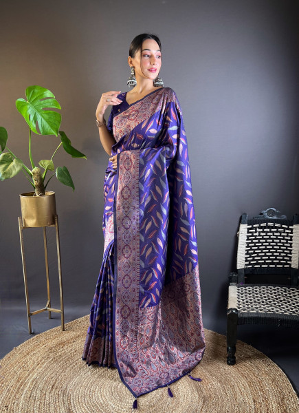 Image of Royal Blue Banarasi Silk Zari Weaved Body Rich Pallu Border Saree
