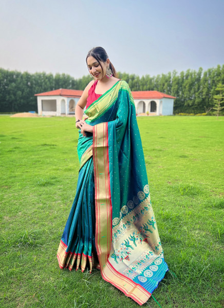 Image of Jade Green Pure Banarasi Silk Tiny Zari Booti Rich Weaved Pallu Saree