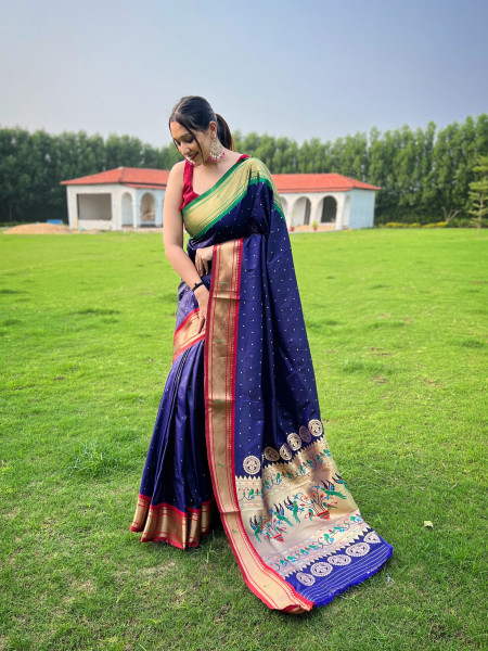 Image of Navy Blue Pure Banarasi Silk Tiny Zari Booti Rich Weaved Pallu Saree