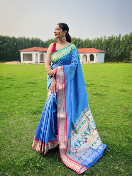 Image of Sky Blue Pure Banarasi Silk Tiny Zari Booti Rich Weaved Pallu Saree