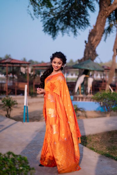 Image of Orange Banarasi Silk Zari Weaved Body Rich Pallu Border Saree