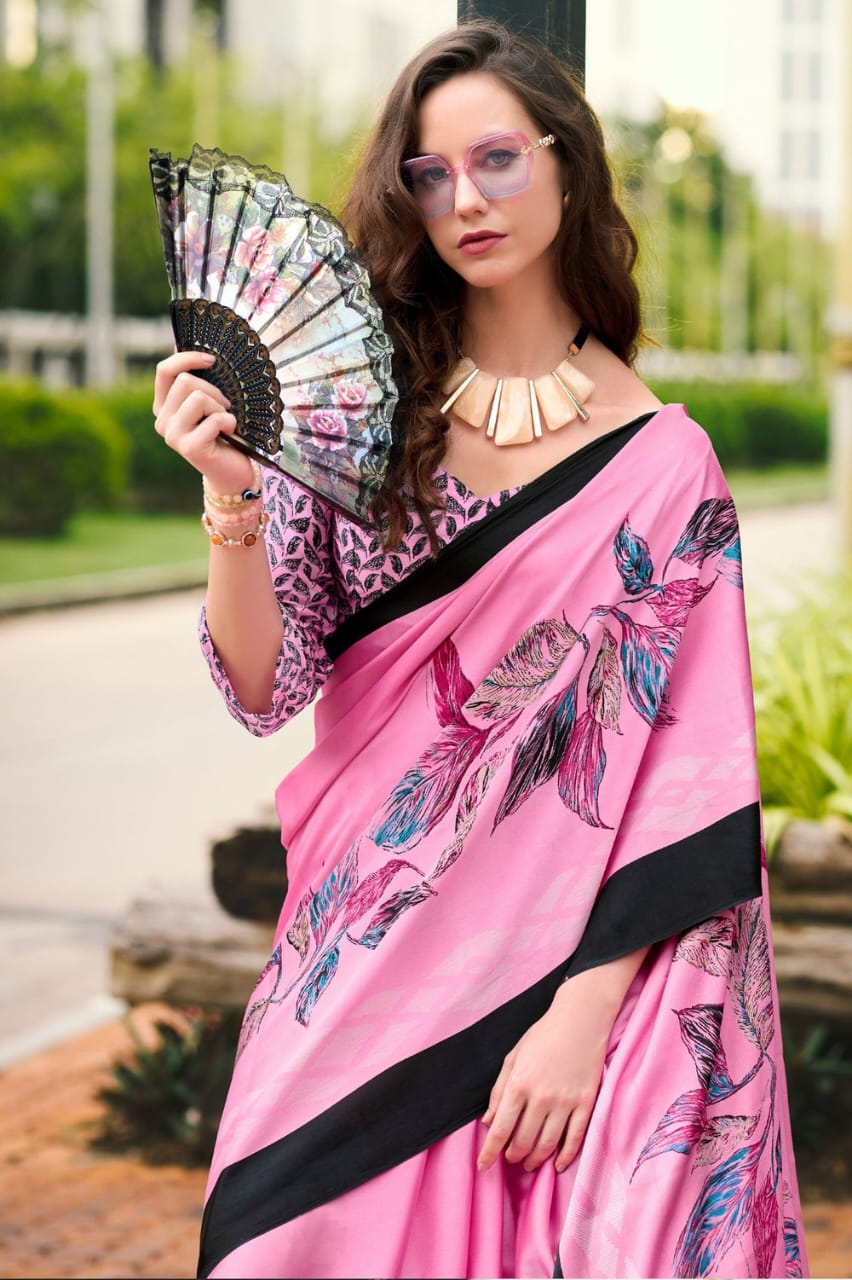 Pink Banarasi Satin Silk Digital Printed Saree