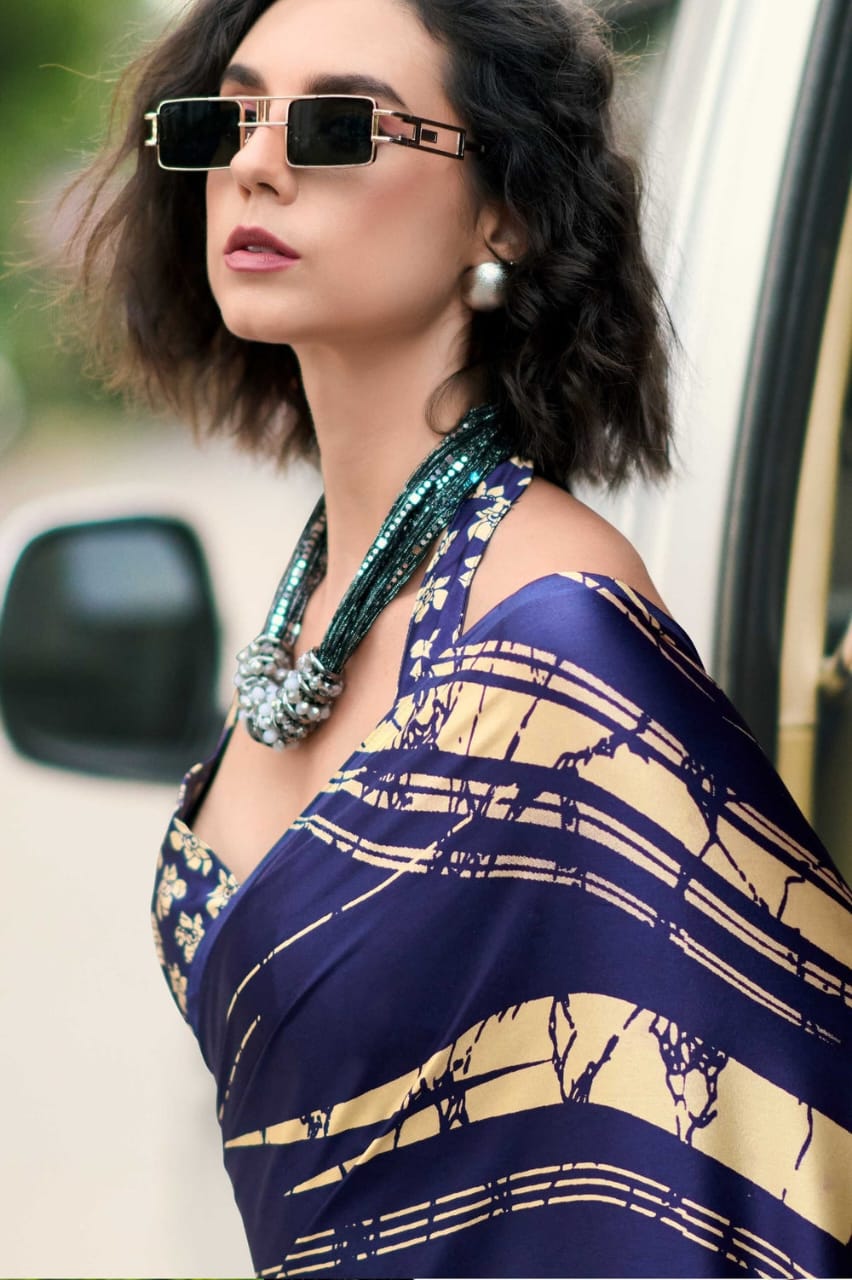 Navy Blue Banarasi Satin Silk Digital Printed Saree