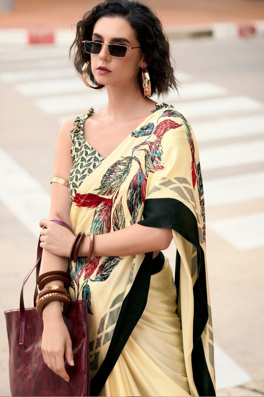 Cream Banarasi Satin Silk Digital Printed Saree