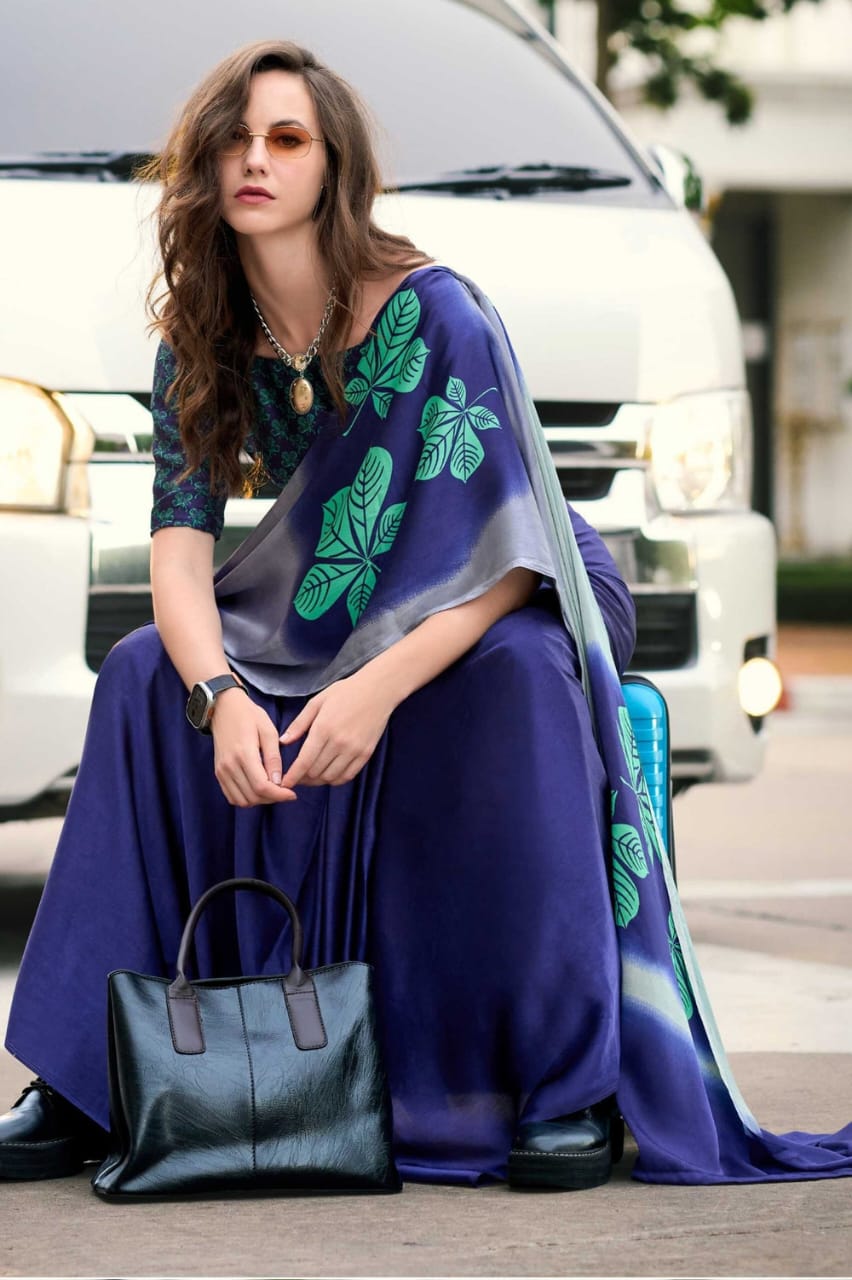 Blue Banarasi Satin Silk Digital Printed Saree