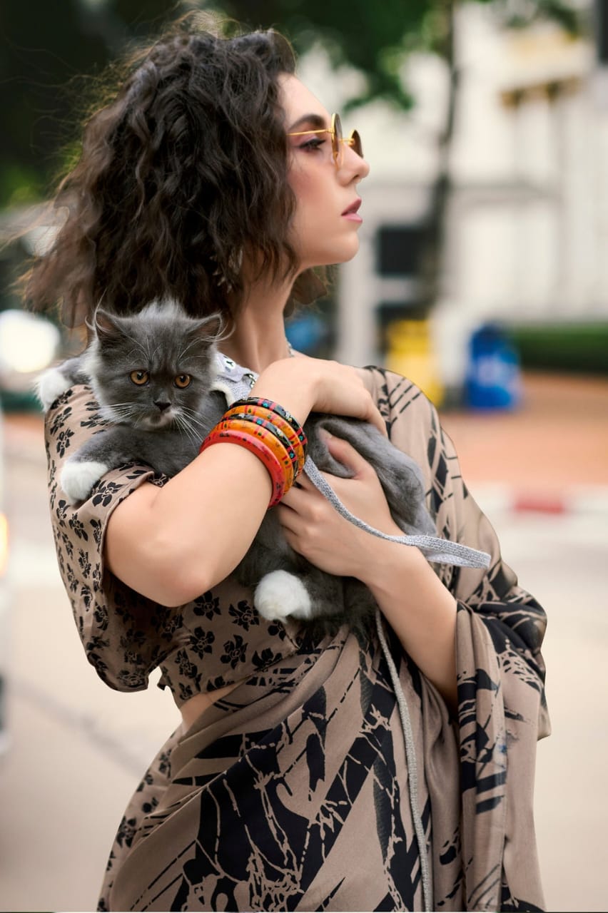 Beige Banarasi Satin Silk Digital Printed Saree