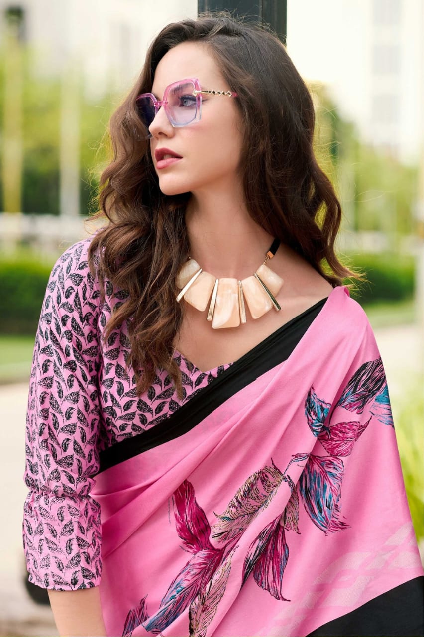 Pink Banarasi Satin Silk Digital Printed Saree