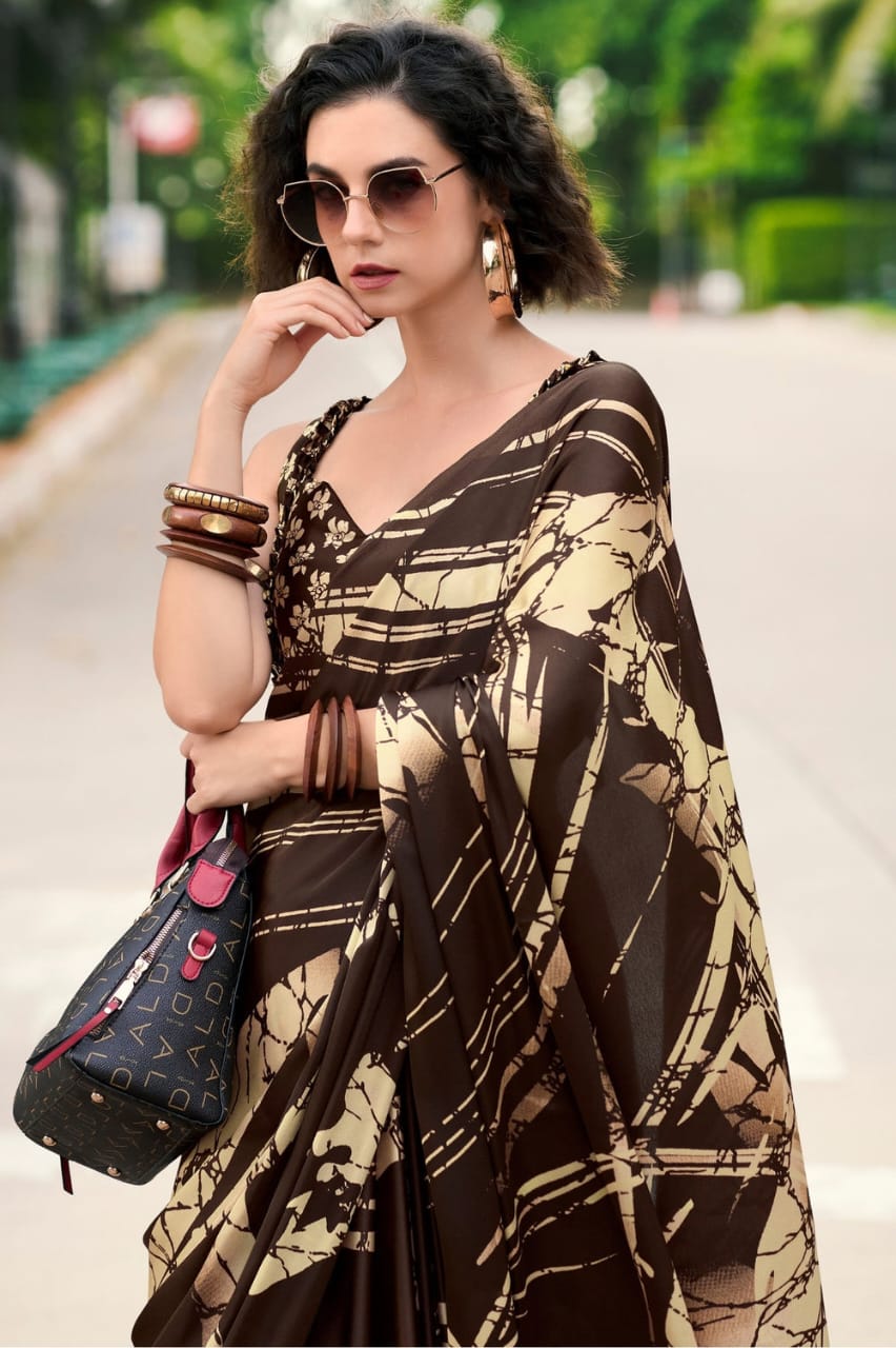 Coffee Banarasi Satin Silk Digital Printed Saree