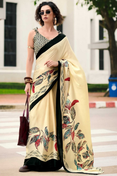 Image of Cream Banarasi Satin Silk Digital Printed Saree