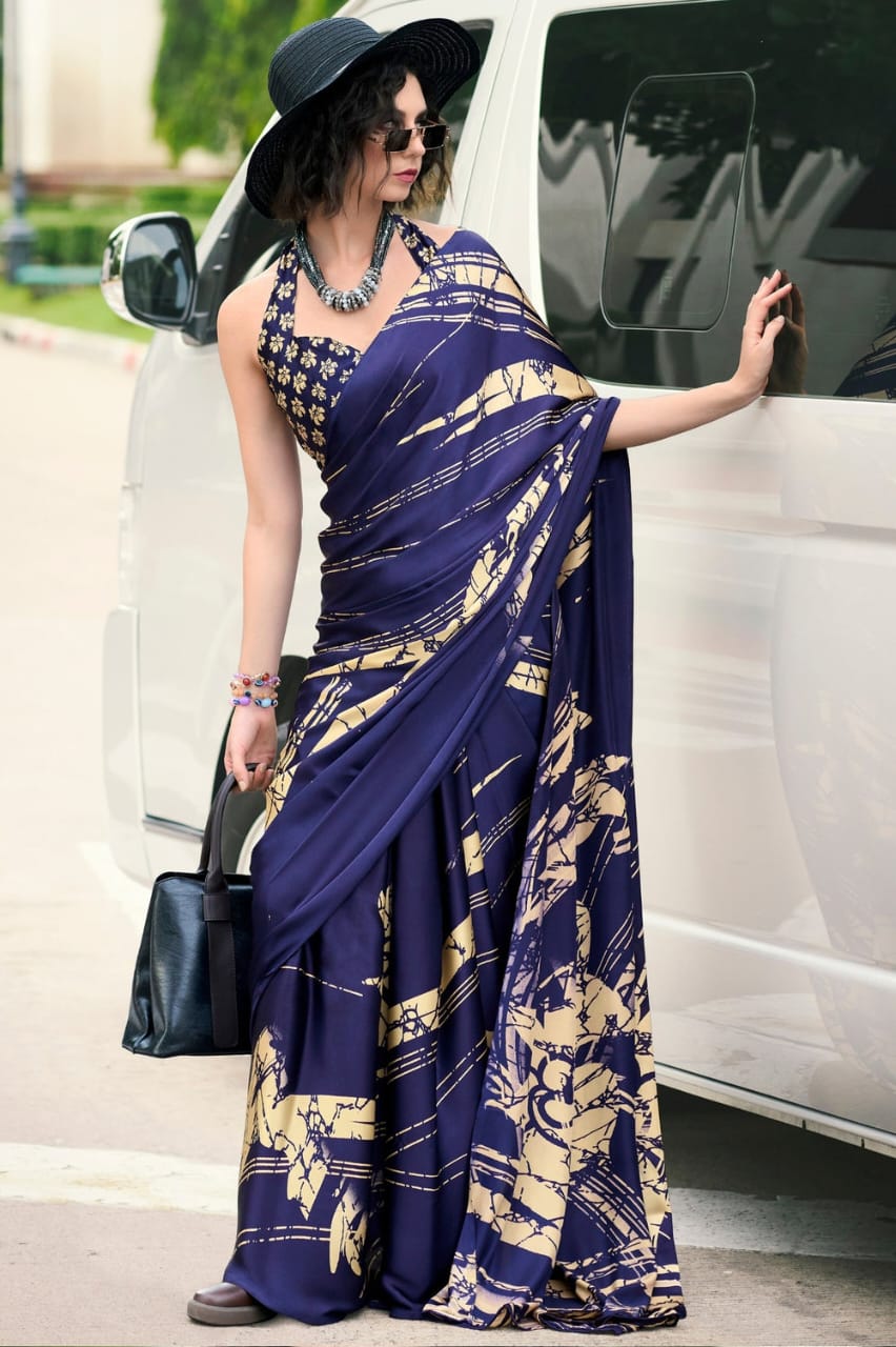 Navy Blue Banarasi Satin Silk Digital Printed Saree