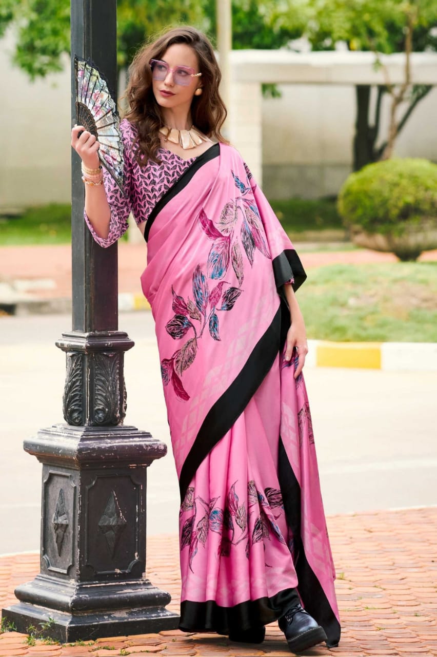 Pink Banarasi Satin Silk Digital Printed Saree