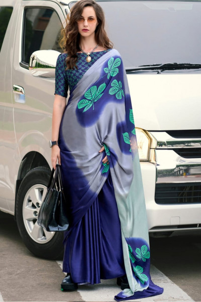 Image of Blue Banarasi Satin Silk Digital Printed Saree