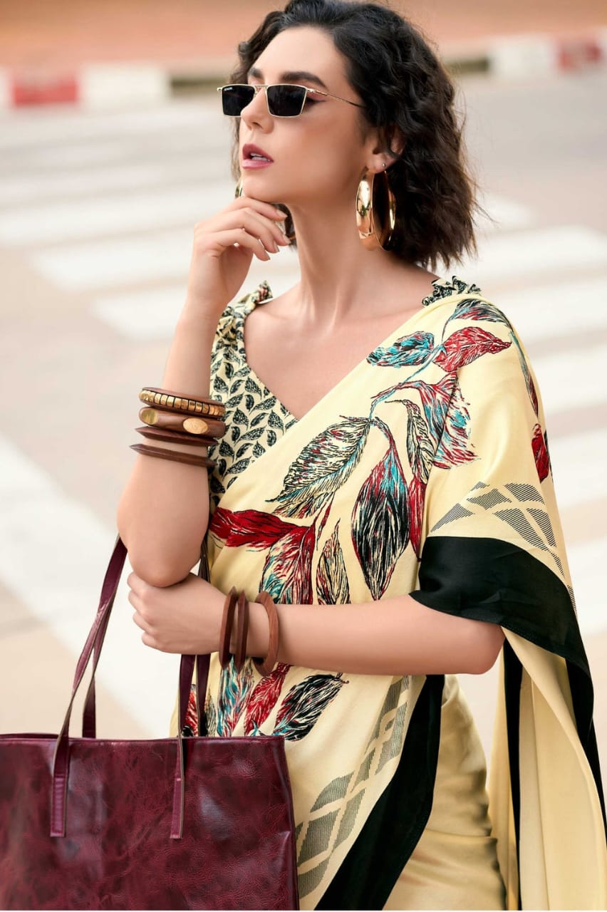 Cream Banarasi Satin Silk Digital Printed Saree