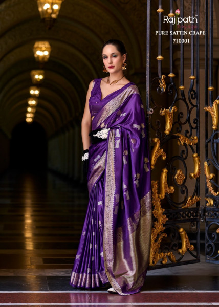 Image of Indigo Pure Banarasi Satin Crape Silk Rich Zari Weaved Pallu Saree