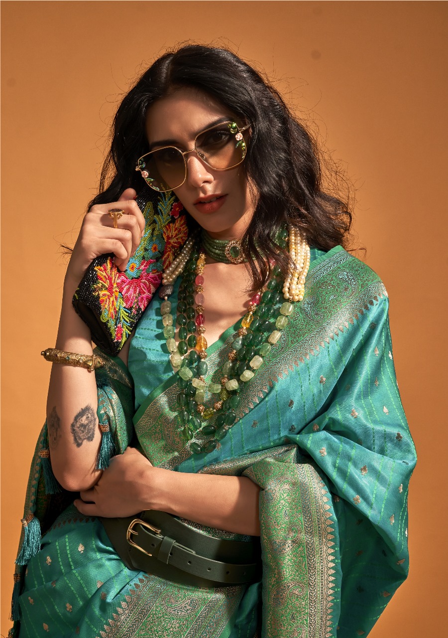 C-Green Pure Banarasi Satin Handloom Zari Weaving Silk Saree