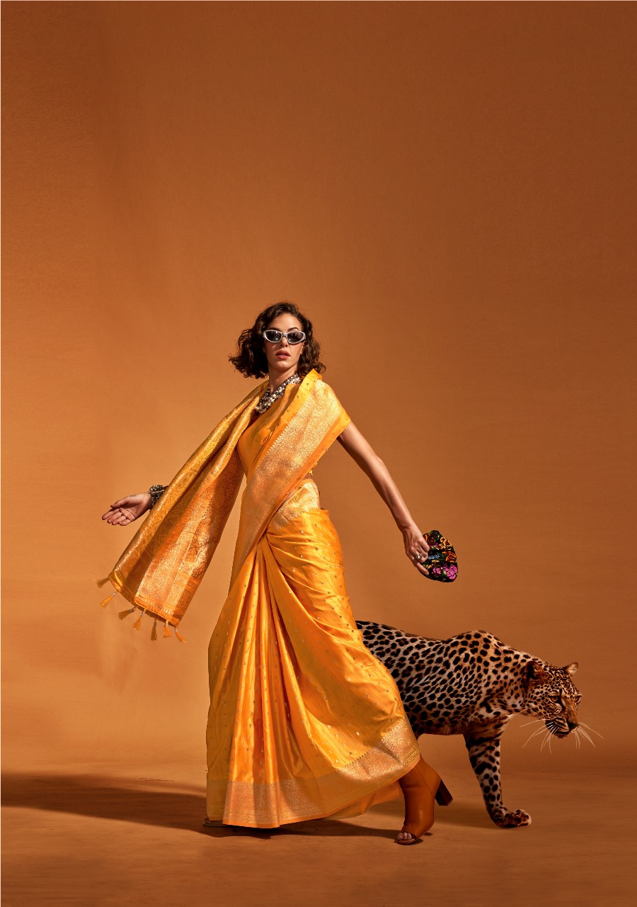 Gold Pure Banarasi Satin Handloom Zari Weaving Silk Saree