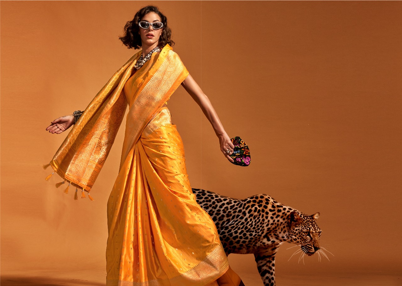 Gold Pure Banarasi Satin Handloom Zari Weaving Silk Saree