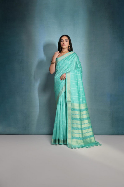 Image of C-Green Banarasi Silk All Over Weaved With Zari Stripes Pallu Saree