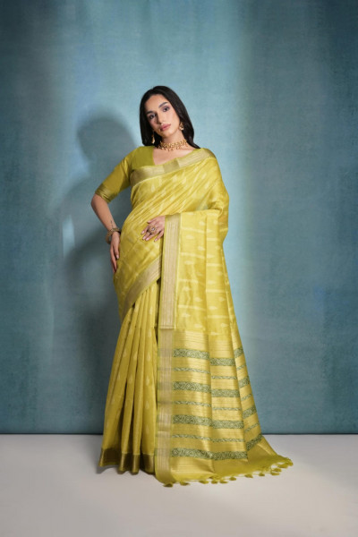 Image of Mustard Banarasi Silk All Over Weaved With Zari Stripes Pallu Saree