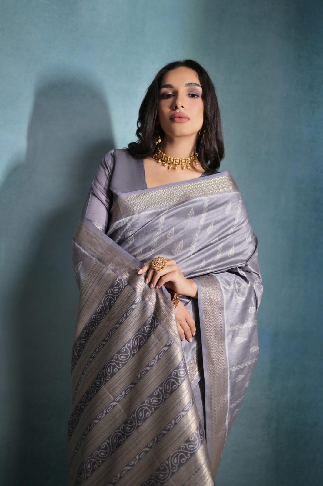 Gray Banarasi Silk All Over Weaved With Zari Stripes Pallu Saree