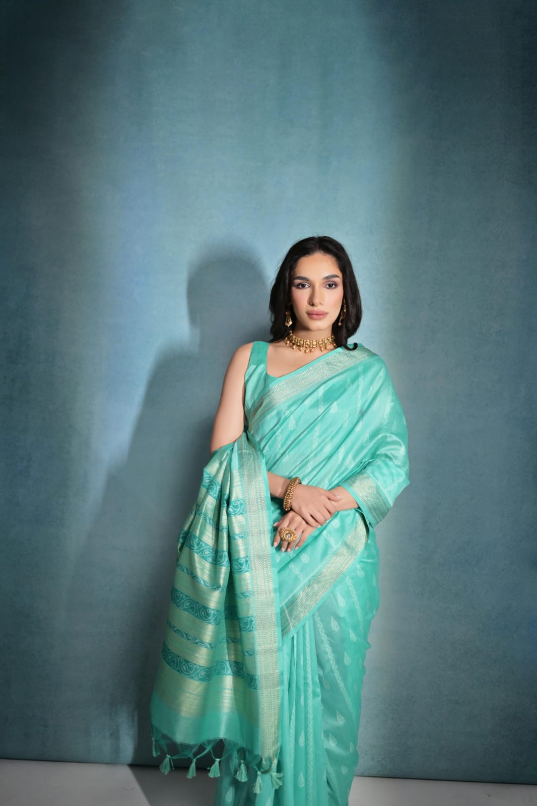 C-Green Banarasi Silk All Over Weaved With Zari Stripes Pallu Saree